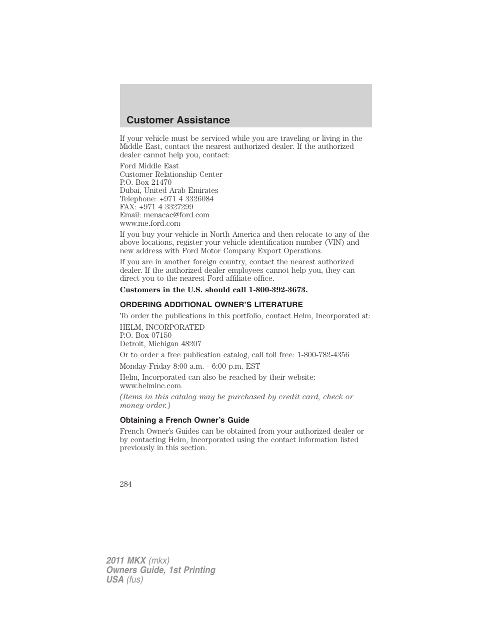 Ordering additional owner’s literature, Obtaining a french owner’s guide, Customer assistance | Lincoln 2011 MKX User Manual | Page 284 / 367