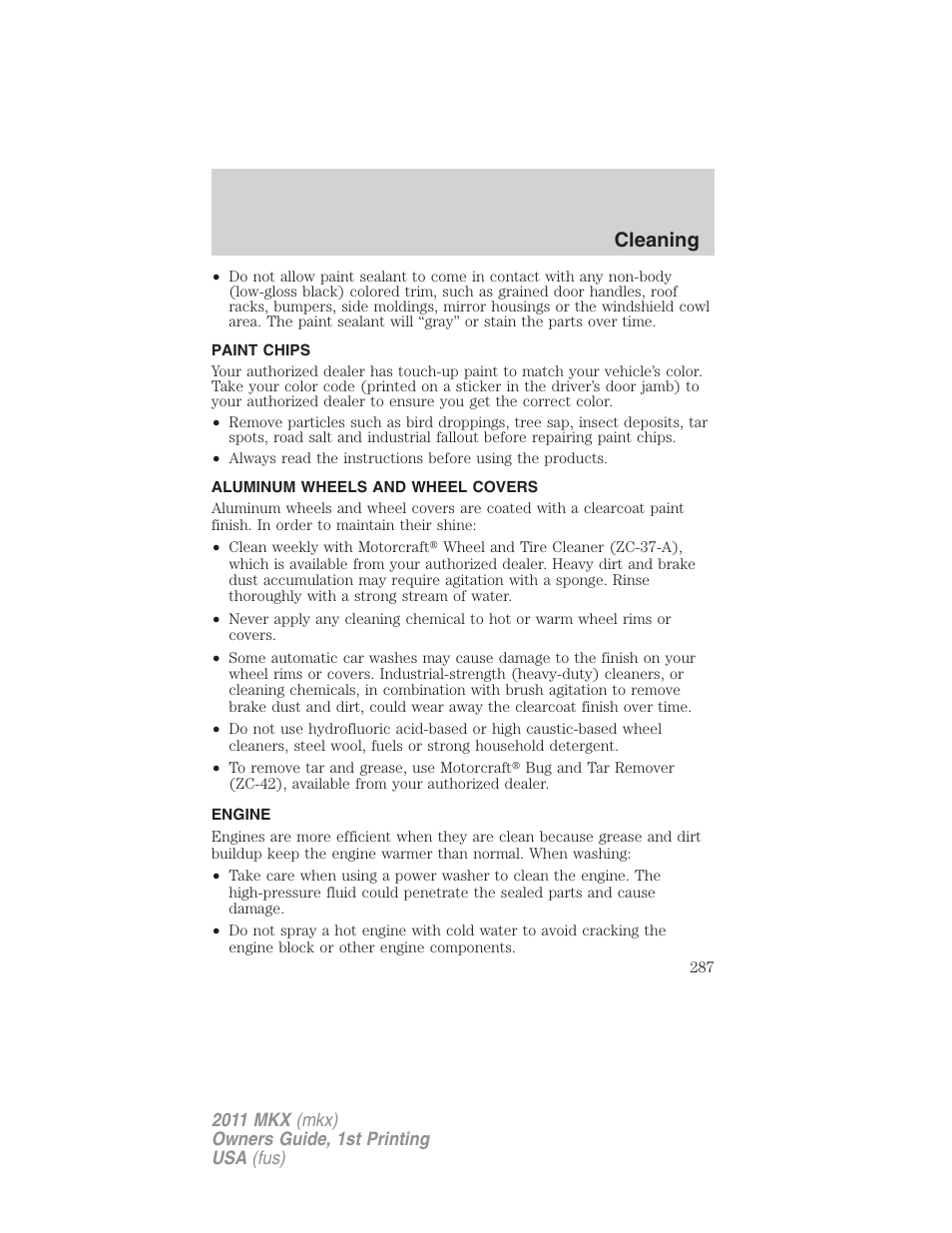 Paint chips, Aluminum wheels and wheel covers, Engine | Cleaning | Lincoln 2011 MKX User Manual | Page 287 / 367