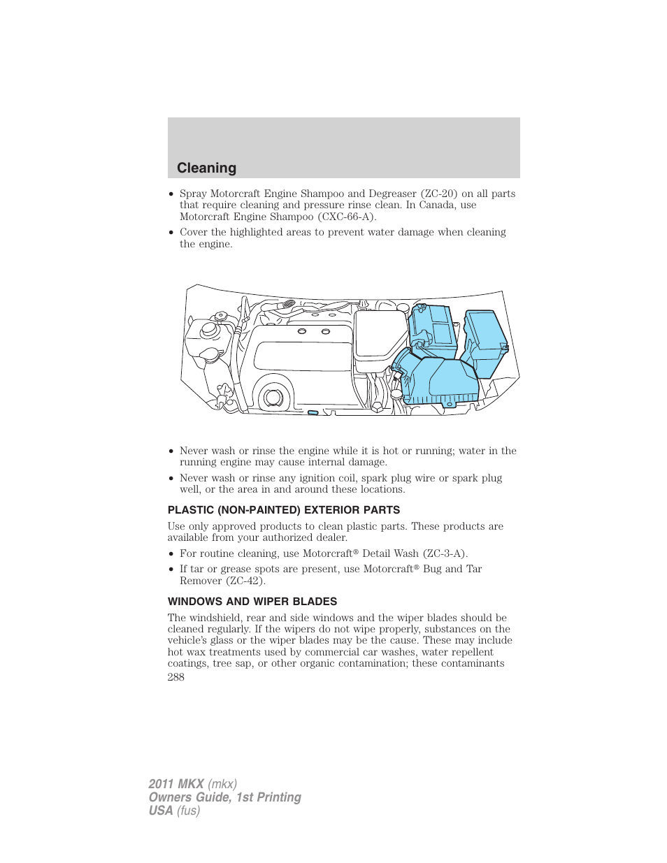 Plastic (non-painted) exterior parts, Windows and wiper blades, Cleaning | Lincoln 2011 MKX User Manual | Page 288 / 367