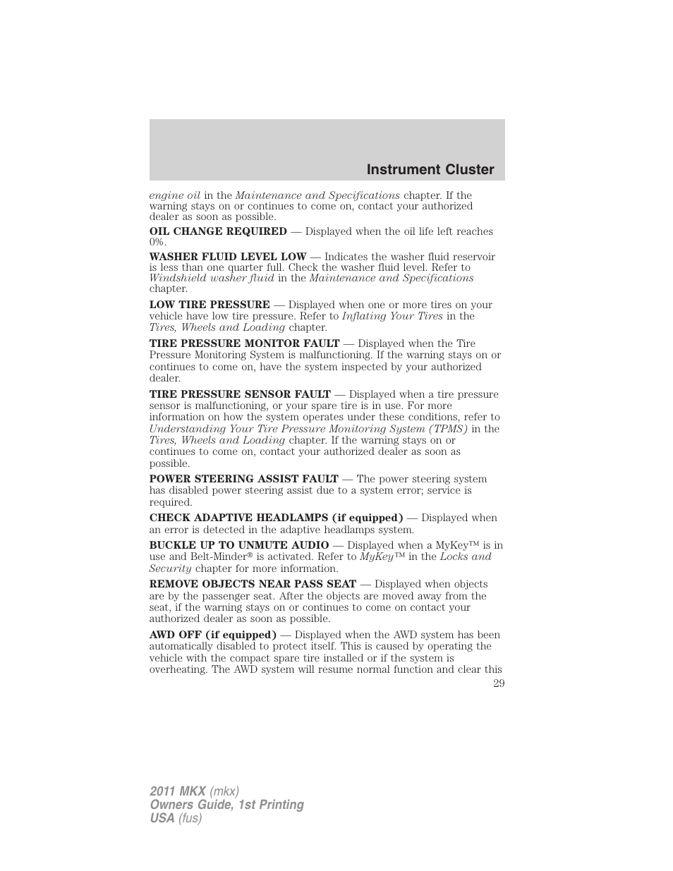 Instrument cluster | Lincoln 2011 MKX User Manual | Page 29 / 367