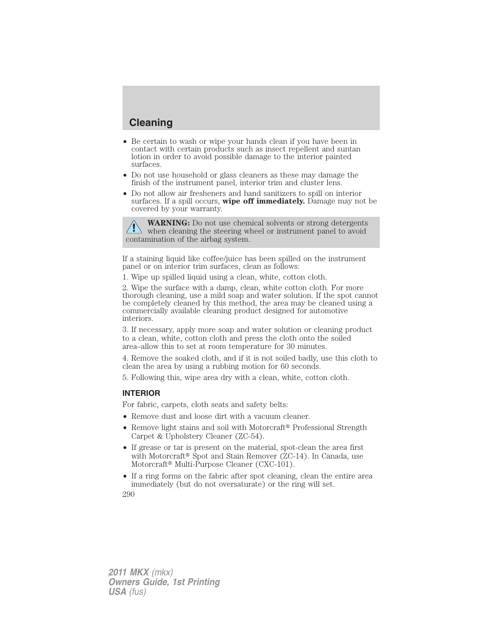 Interior, Cleaning | Lincoln 2011 MKX User Manual | Page 290 / 367