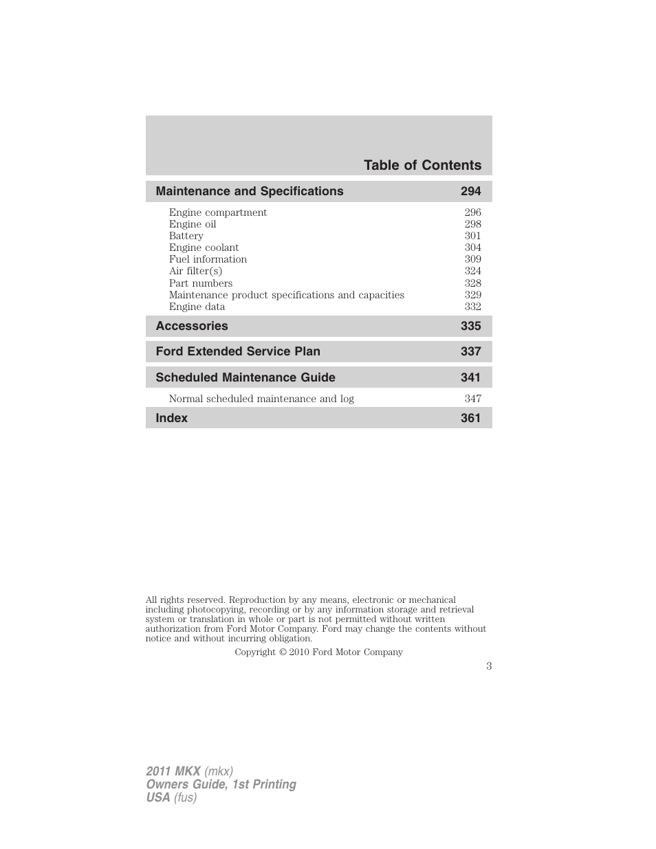 Lincoln 2011 MKX User Manual | Page 3 / 367