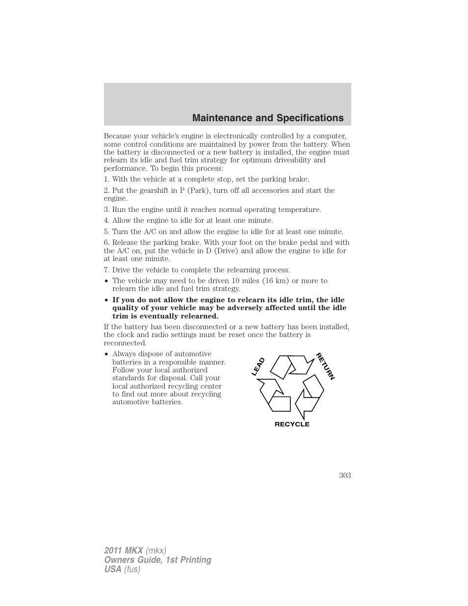 Maintenance and specifications | Lincoln 2011 MKX User Manual | Page 303 / 367