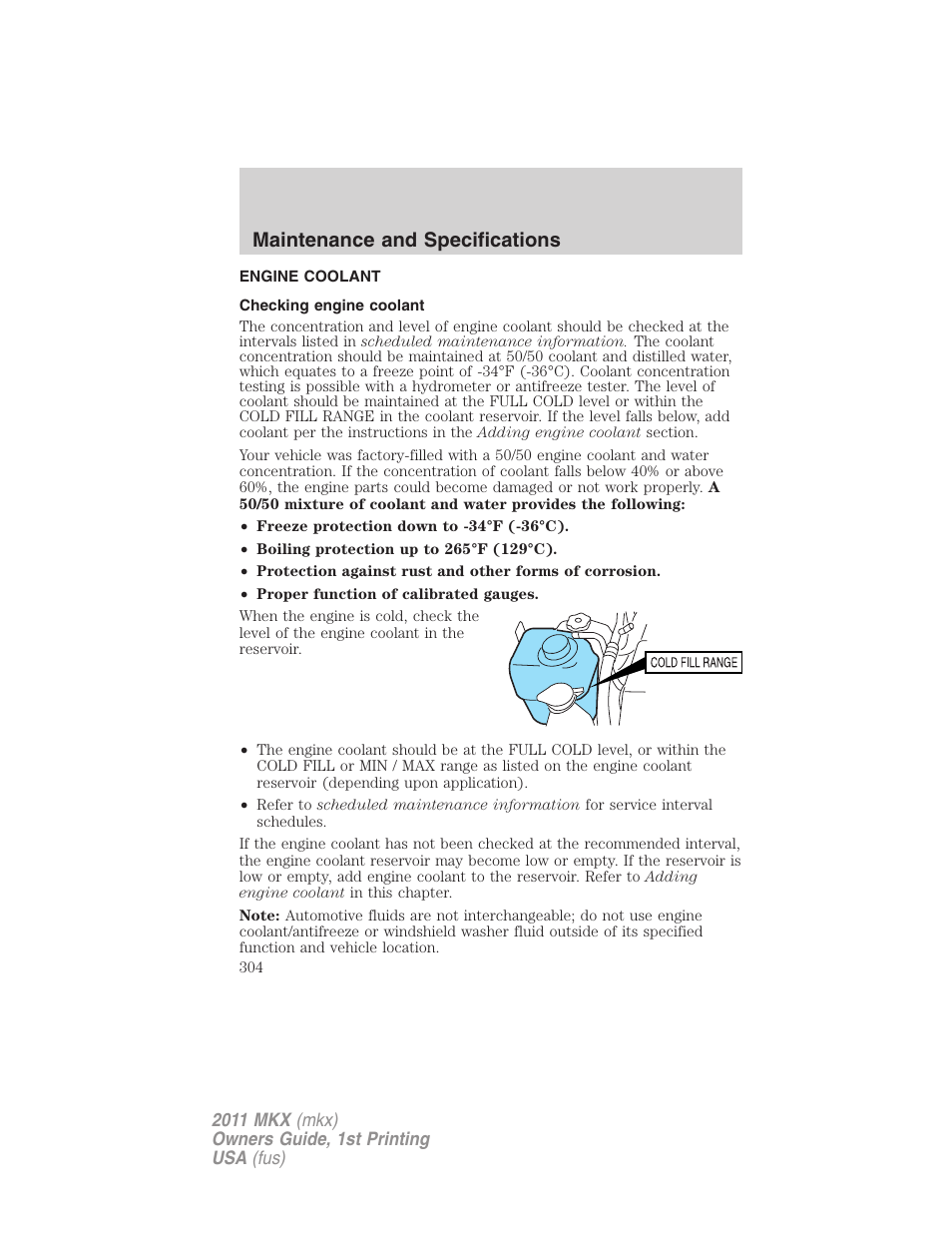 Engine coolant, Checking engine coolant, Maintenance and specifications | Lincoln 2011 MKX User Manual | Page 304 / 367