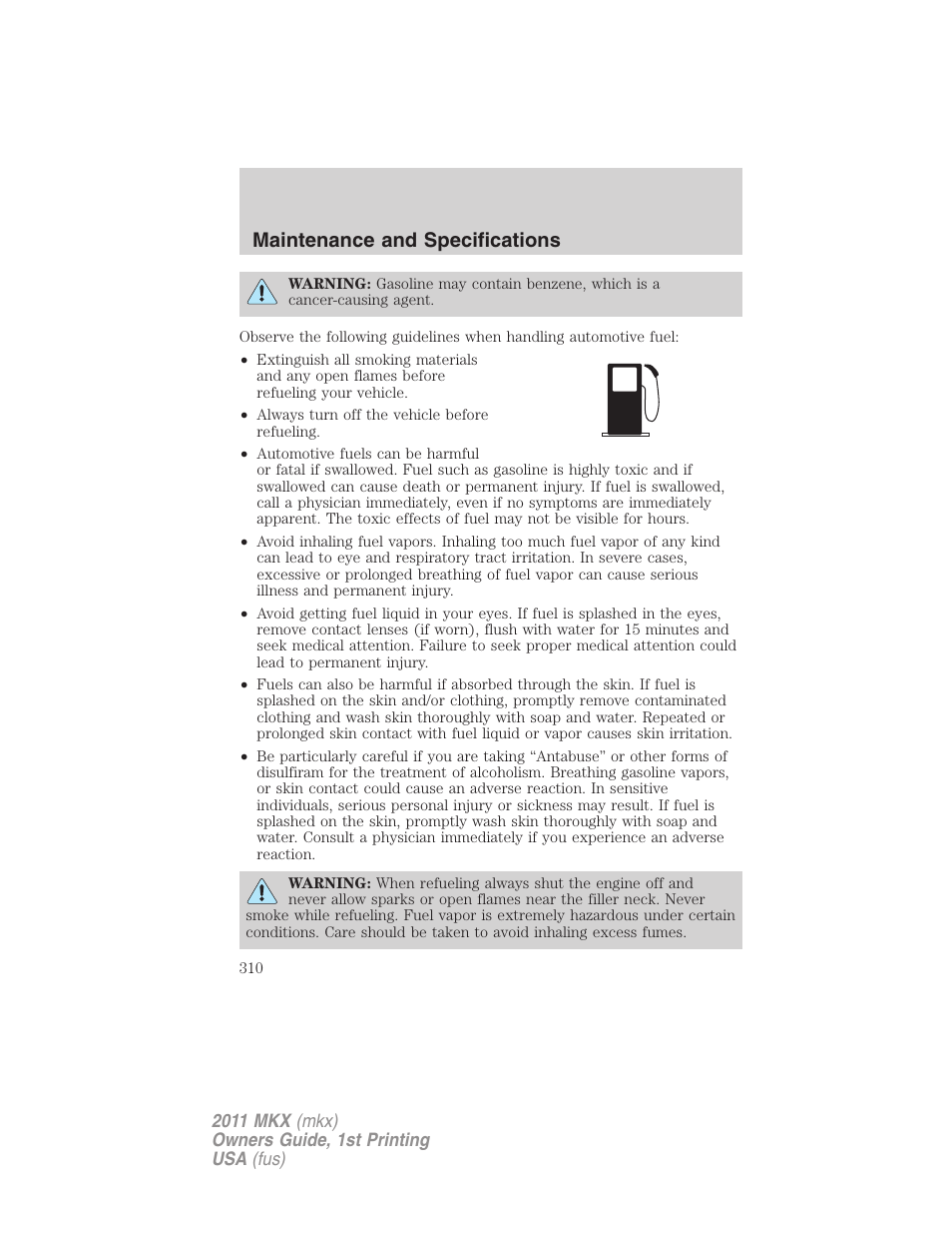 Maintenance and specifications | Lincoln 2011 MKX User Manual | Page 310 / 367