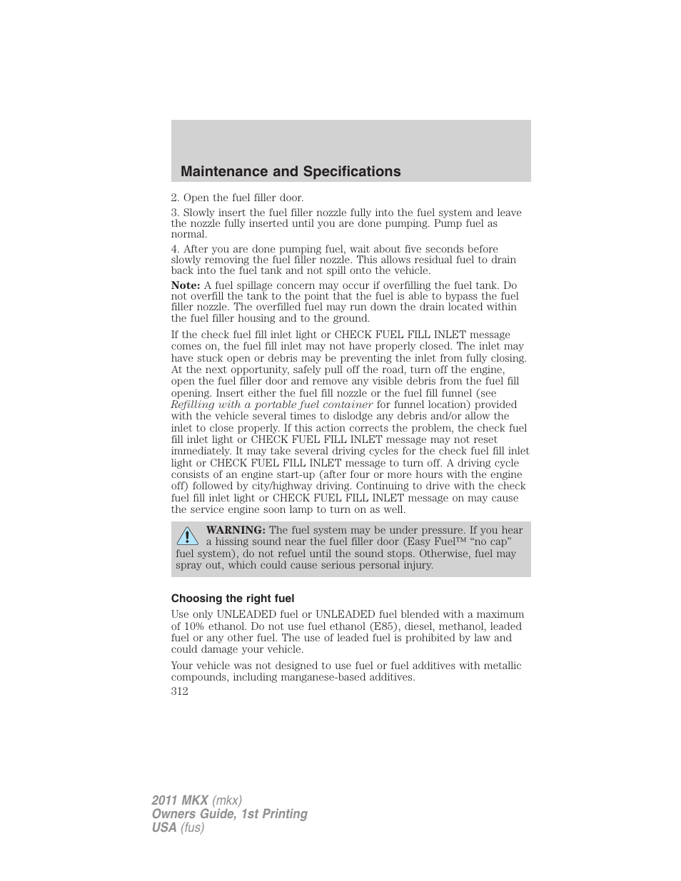 Choosing the right fuel, Maintenance and specifications | Lincoln 2011 MKX User Manual | Page 312 / 367