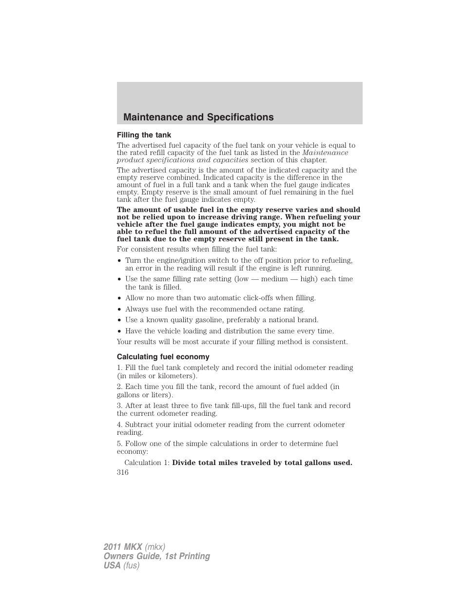 Filling the tank, Calculating fuel economy, Maintenance and specifications | Lincoln 2011 MKX User Manual | Page 316 / 367