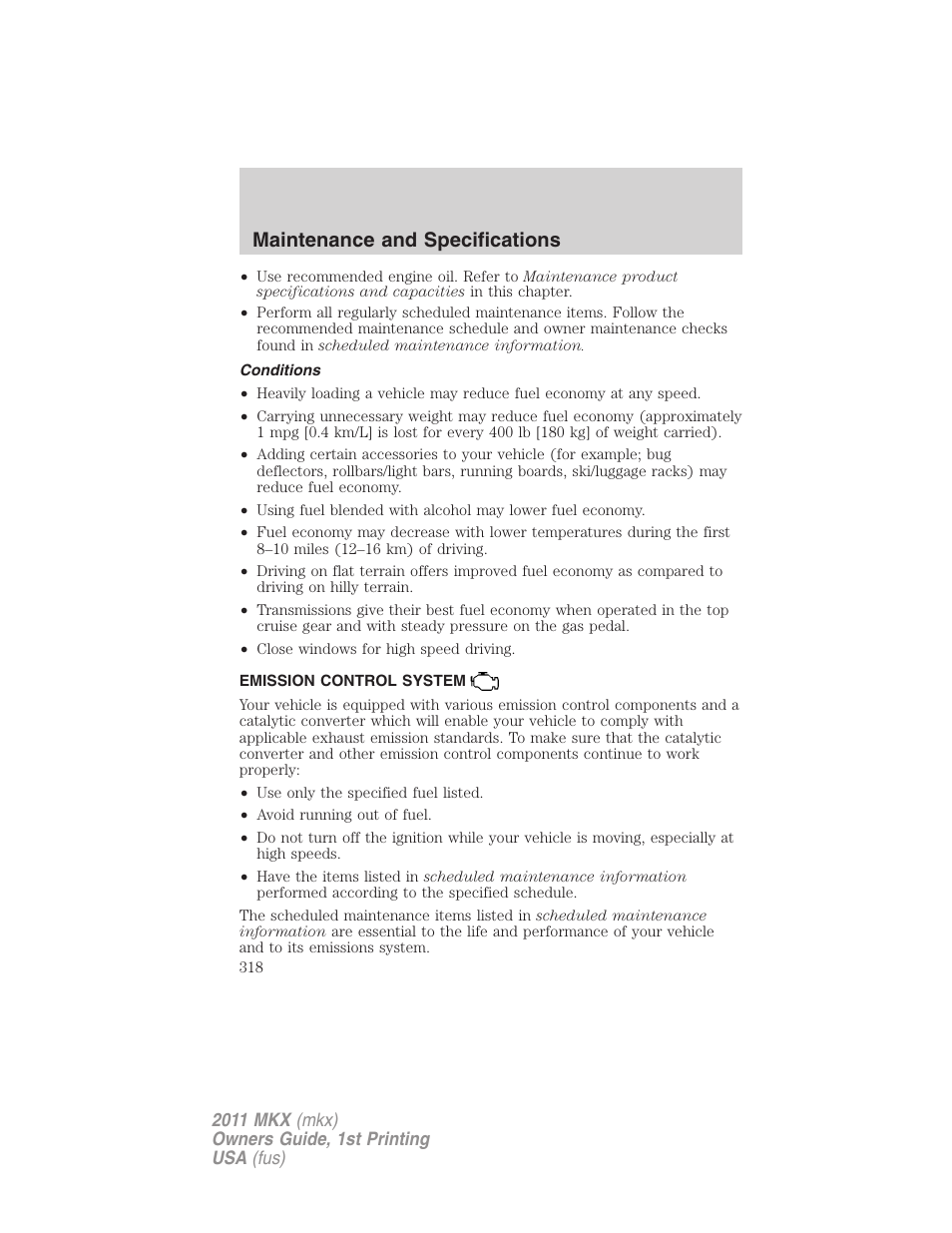 Conditions, Emission control system, Maintenance and specifications | Lincoln 2011 MKX User Manual | Page 318 / 367