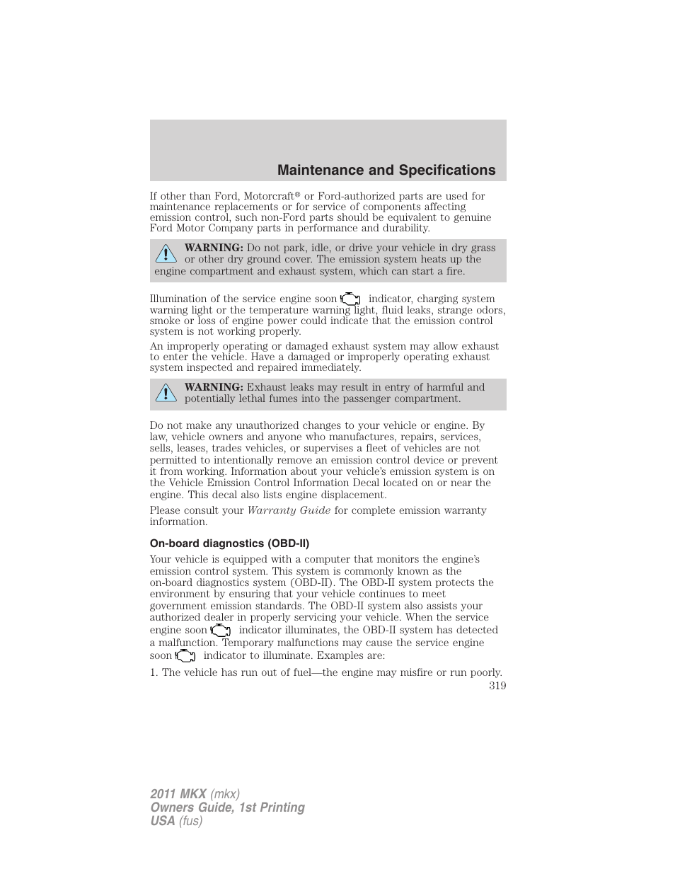 On-board diagnostics (obd-ii), Maintenance and specifications | Lincoln 2011 MKX User Manual | Page 319 / 367