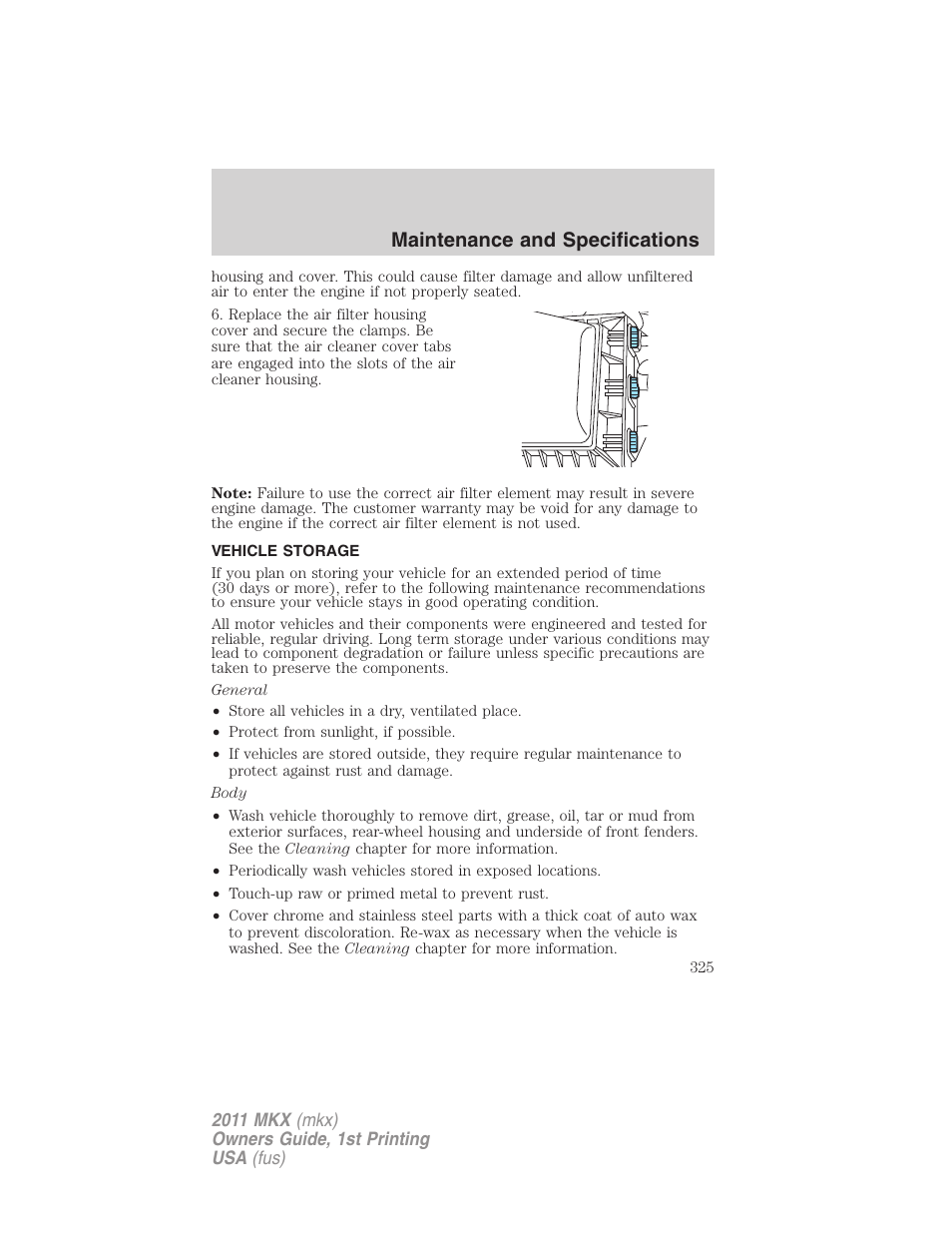 Vehicle storage, Maintenance and specifications | Lincoln 2011 MKX User Manual | Page 325 / 367