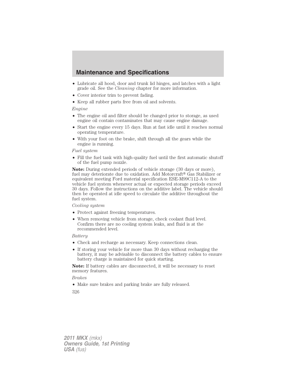 Maintenance and specifications | Lincoln 2011 MKX User Manual | Page 326 / 367