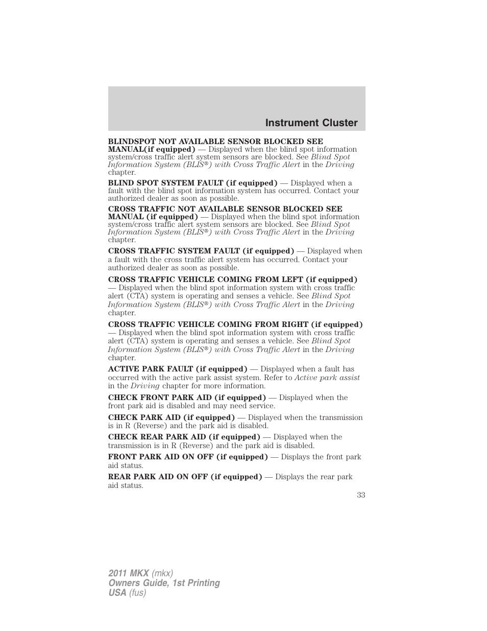 Instrument cluster | Lincoln 2011 MKX User Manual | Page 33 / 367