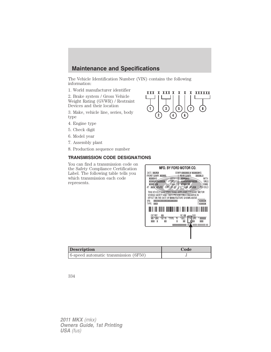 Transmission code designations, Maintenance and specifications | Lincoln 2011 MKX User Manual | Page 334 / 367