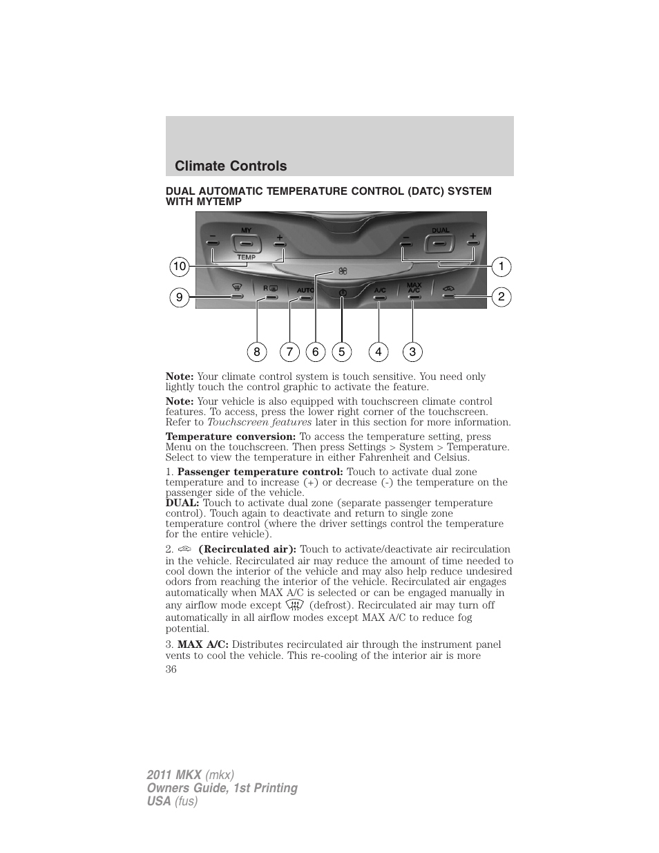 Climate controls, Automatic temperature control | Lincoln 2011 MKX User Manual | Page 36 / 367