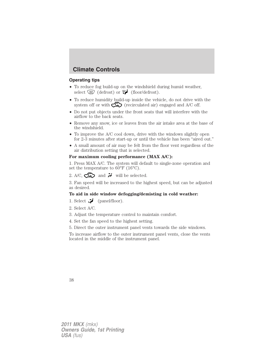 Operating tips, Climate controls | Lincoln 2011 MKX User Manual | Page 38 / 367