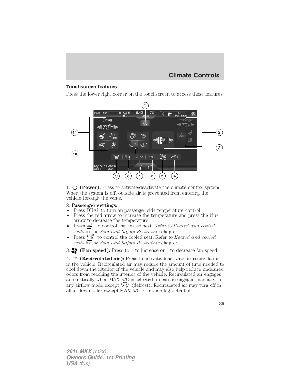 Touchscreen features, Climate controls | Lincoln 2011 MKX User Manual | Page 39 / 367