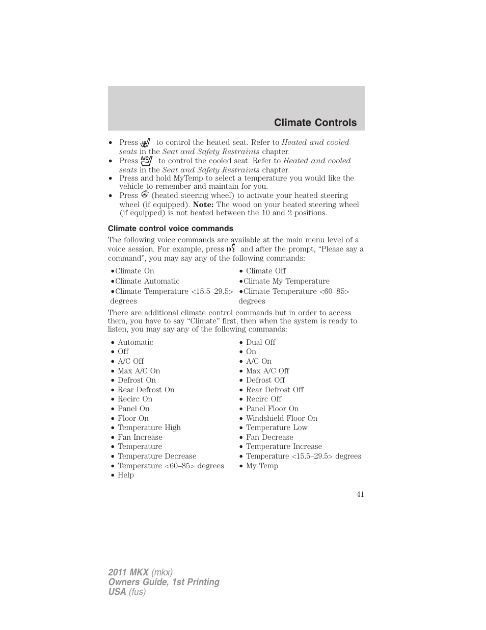 Climate control voice commands, Climate controls | Lincoln 2011 MKX User Manual | Page 41 / 367