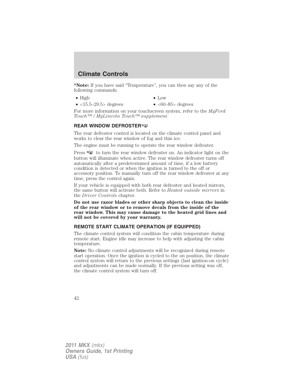 Rear window defroster, Remote start climate operation (if equipped), Climate controls | Lincoln 2011 MKX User Manual | Page 42 / 367