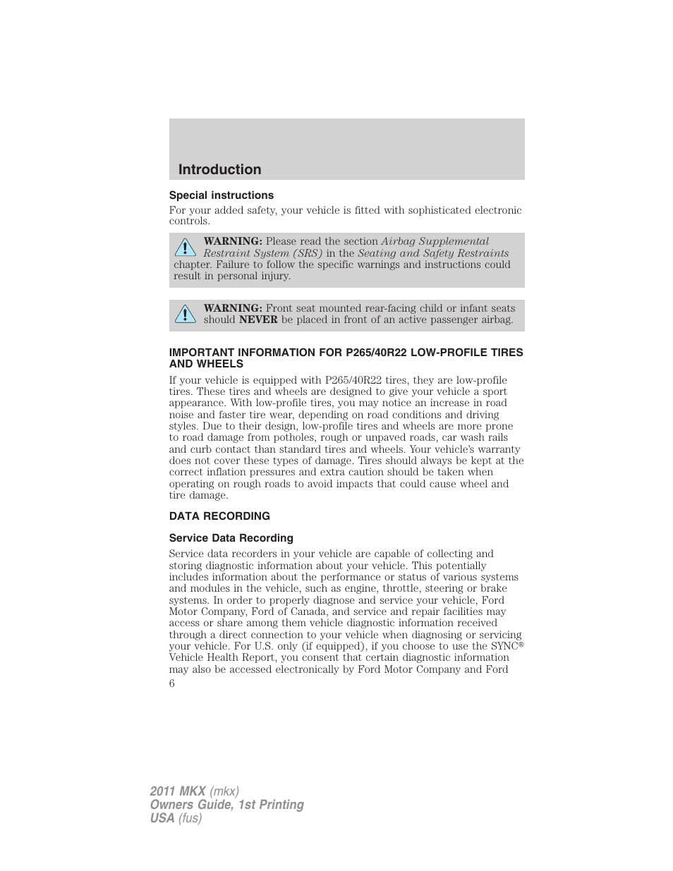 Special instructions, Data recording, Service data recording | Introduction | Lincoln 2011 MKX User Manual | Page 6 / 367