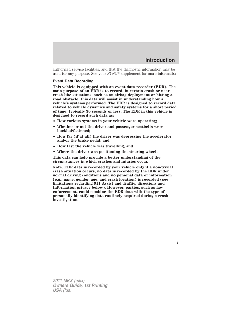 Event data recording, Introduction | Lincoln 2011 MKX User Manual | Page 7 / 367