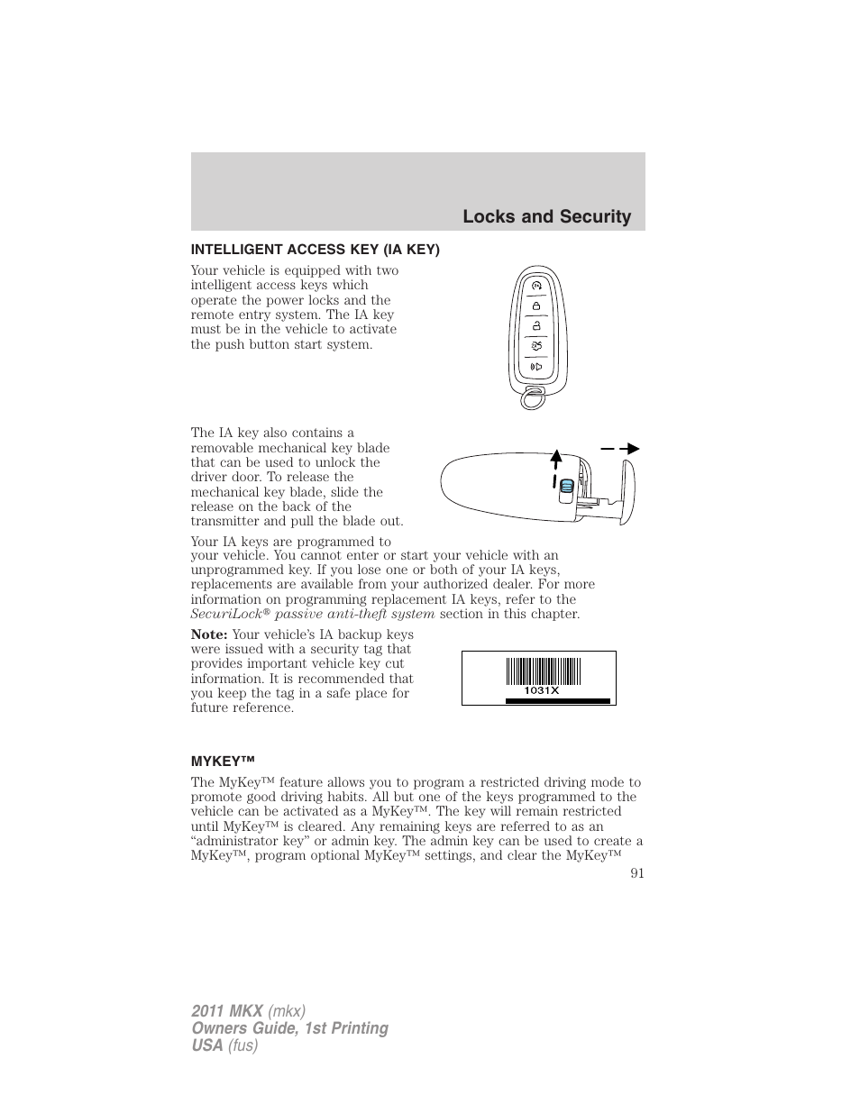 Locks and security, Intelligent access key (ia key), Mykey | Lincoln 2011 MKX User Manual | Page 91 / 367