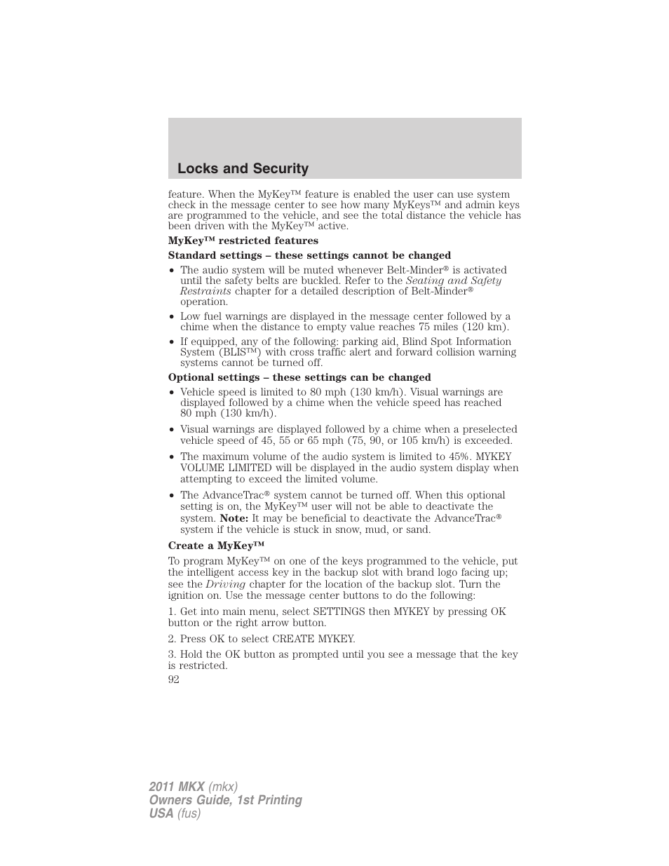 Locks and security | Lincoln 2011 MKX User Manual | Page 92 / 367