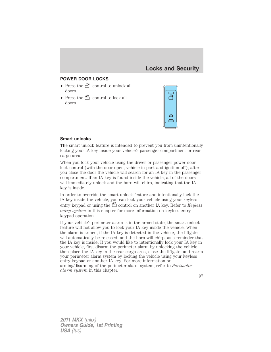 Power door locks, Smart unlocks, Locks | Locks and security | Lincoln 2011 MKX User Manual | Page 97 / 367