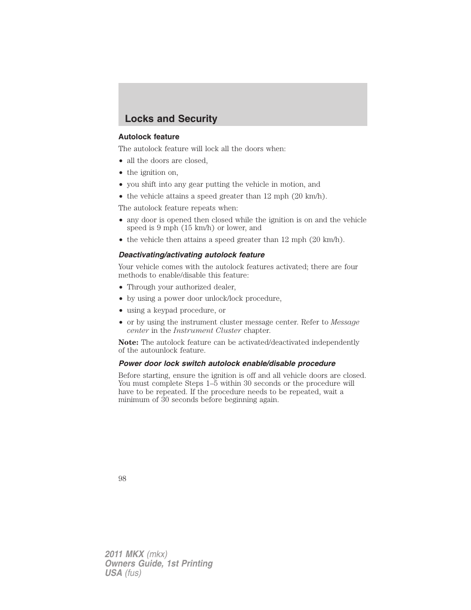 Autolock feature, Deactivating/activating autolock feature, Locks and security | Lincoln 2011 MKX User Manual | Page 98 / 367