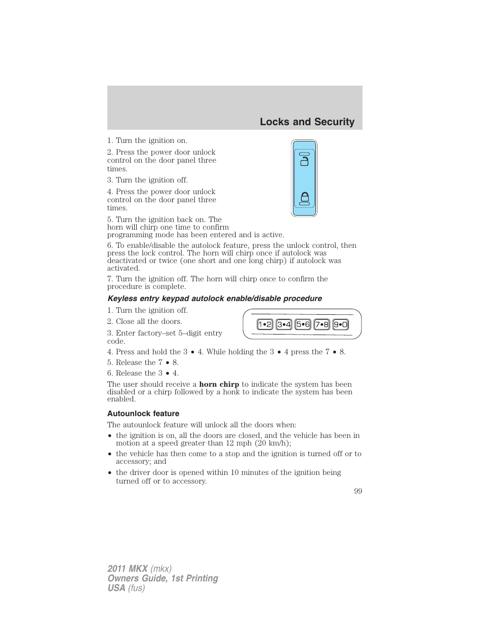 Autounlock feature, Locks and security | Lincoln 2011 MKX User Manual | Page 99 / 367