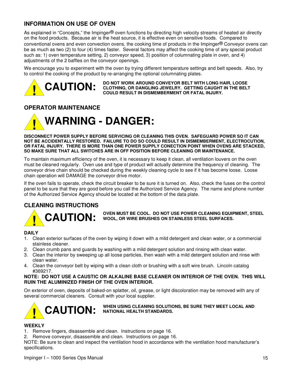 Caution, Warning - danger | Lincoln IMPINGER 1200 User Manual | Page 15 / 20