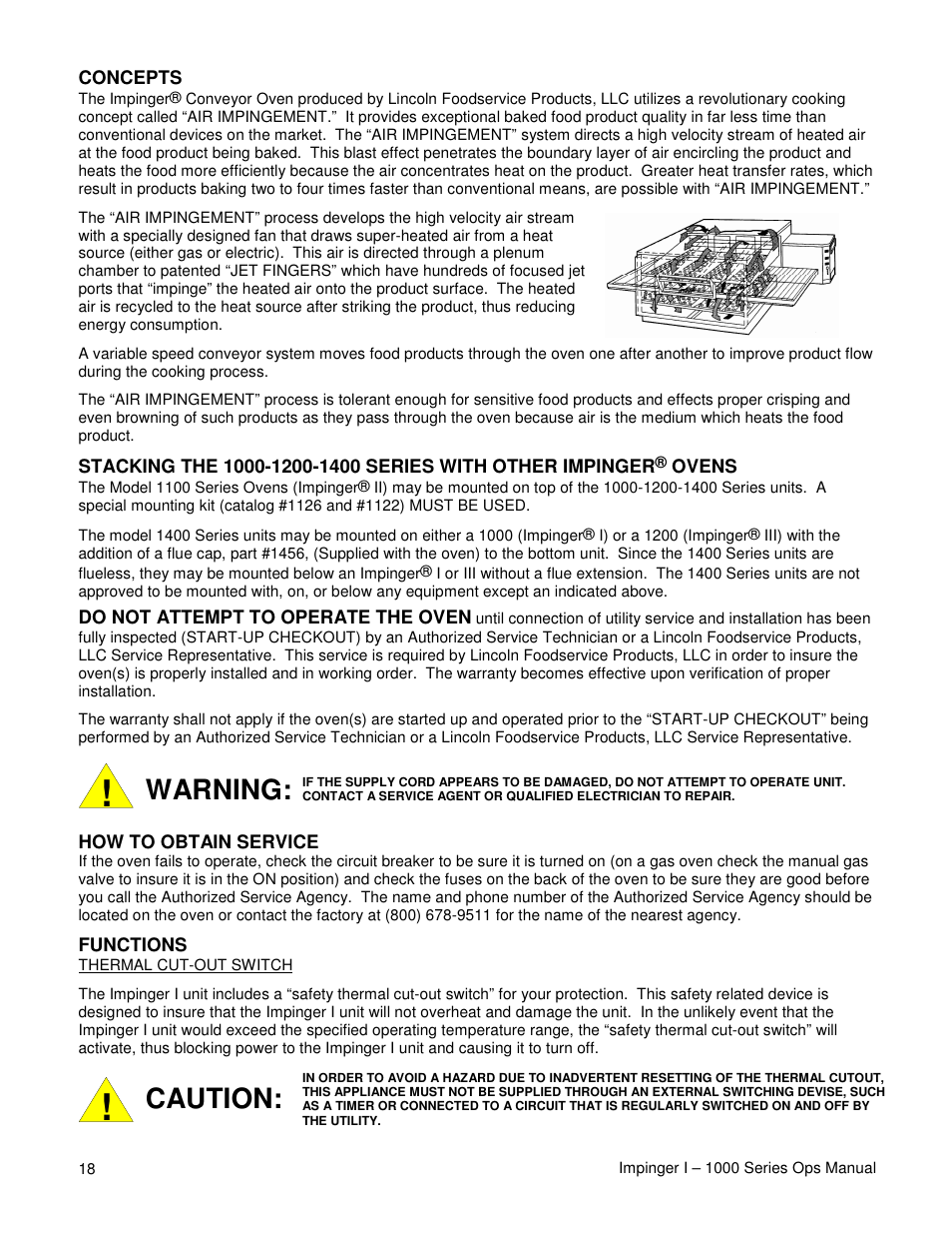 Caution, Warning, Concepts | Ovens, Do not attempt to operate the oven, How to obtain service, Functions | Lincoln IMPINGER 1200 User Manual | Page 18 / 20