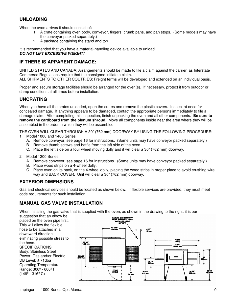 Unloading, If there is apparent damage, Uncrating | Exterior dimensions, Manual gas valve installation | Lincoln IMPINGER 1200 User Manual | Page 9 / 20