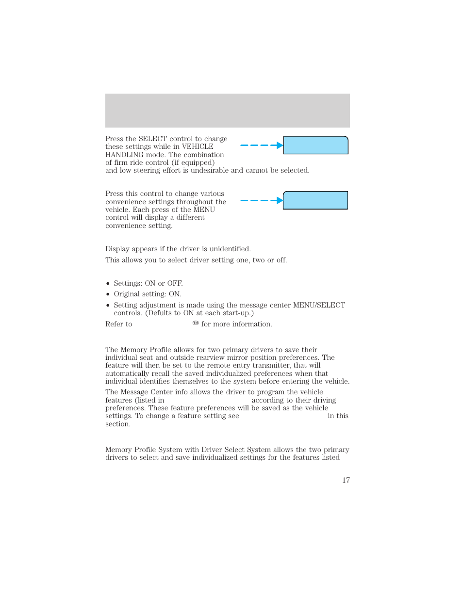 Select menu, Instrumentation | Lincoln 1999 Continental User Manual | Page 17 / 208