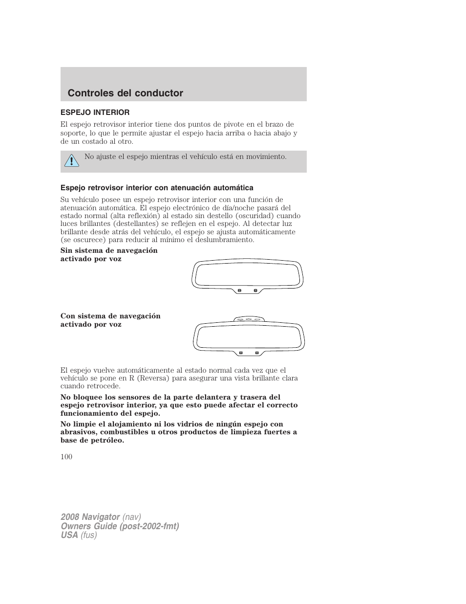 Espejo interior, Espejos, Controles del conductor | Lincoln 2008 Navigator User Manual | Page 100 / 750
