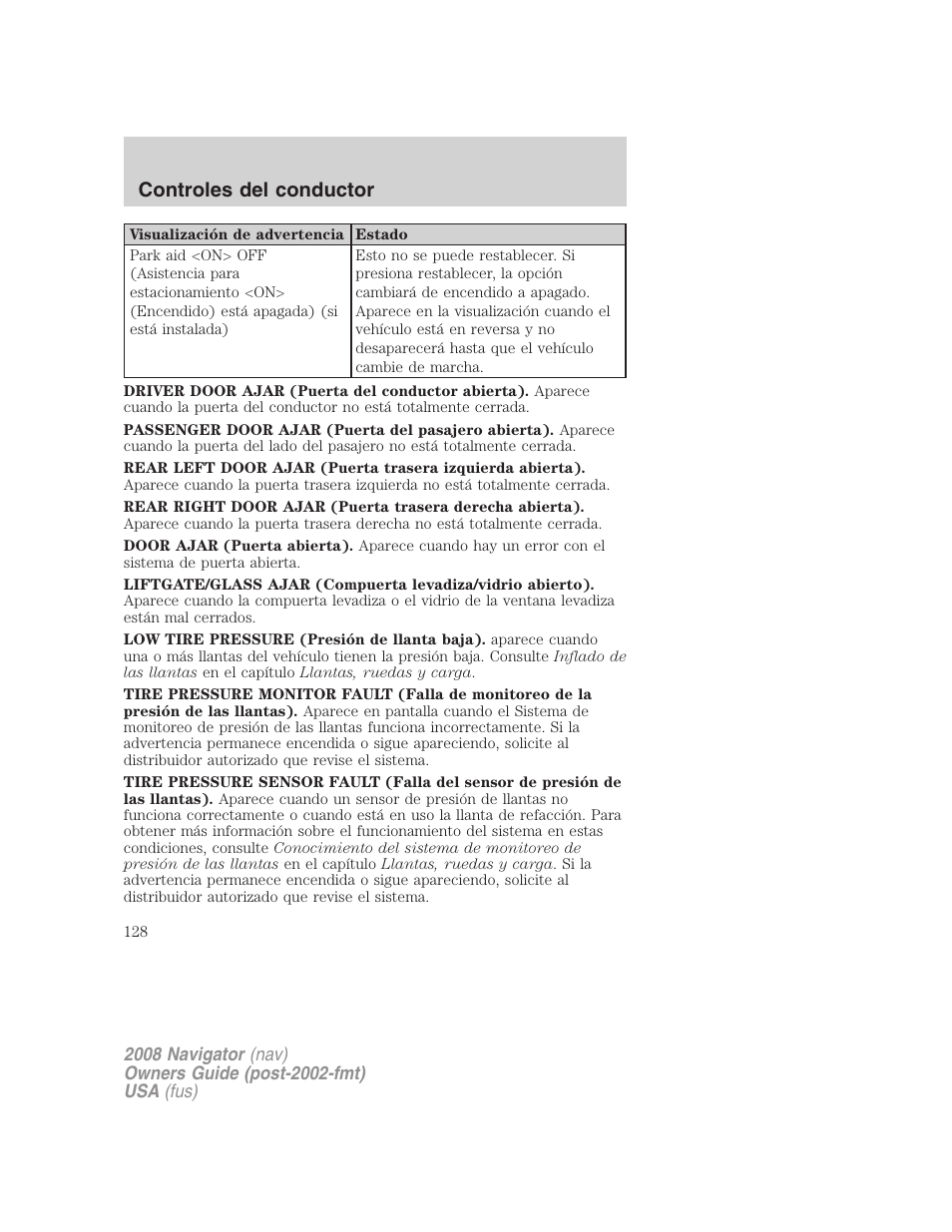 Controles del conductor | Lincoln 2008 Navigator User Manual | Page 128 / 750