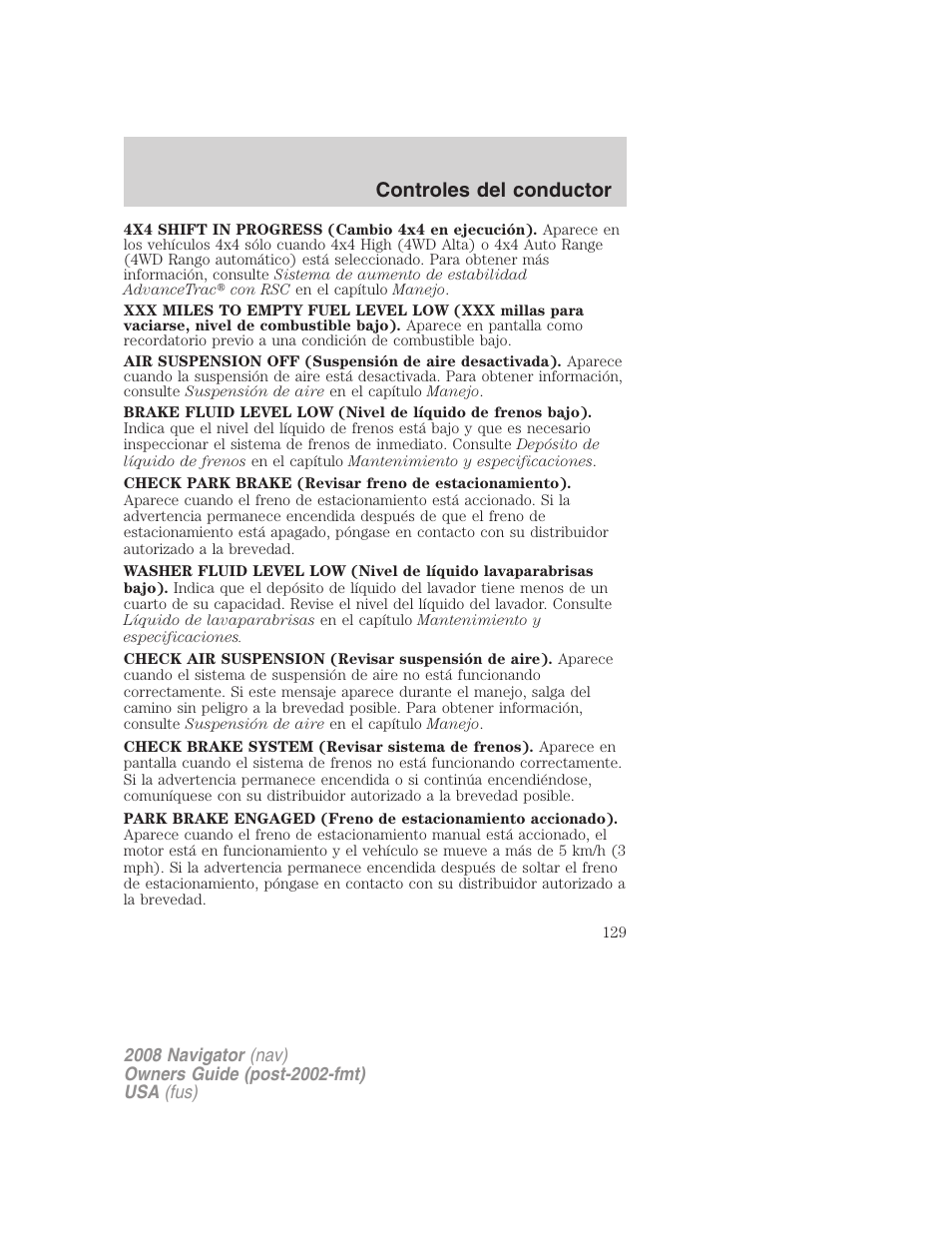 Controles del conductor | Lincoln 2008 Navigator User Manual | Page 129 / 750