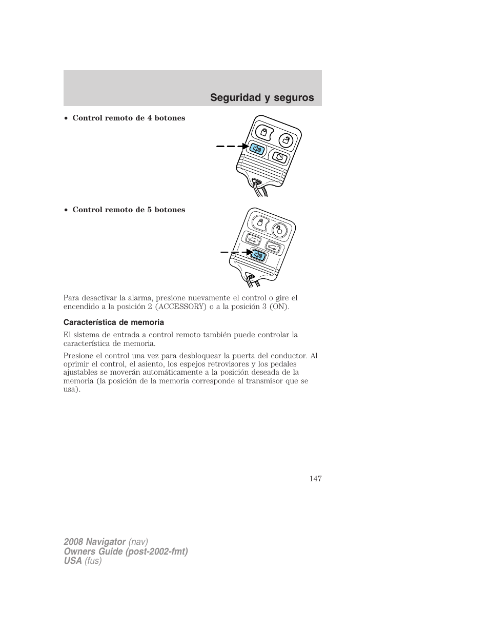 Característica de memoria, Seguridad y seguros | Lincoln 2008 Navigator User Manual | Page 147 / 750