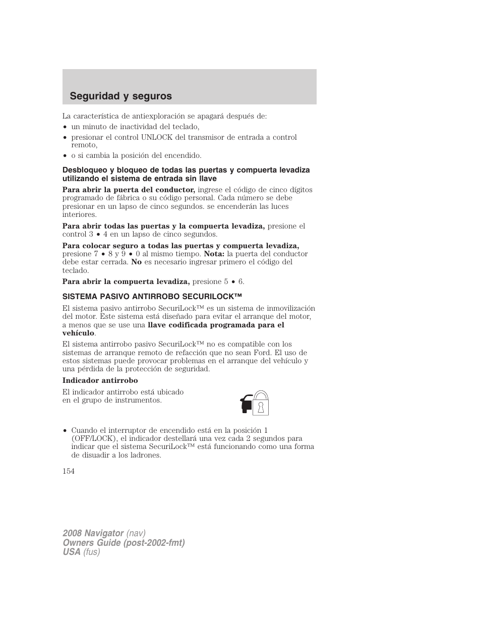 Sistema pasivo antirrobo securilock, Seguridad y seguros | Lincoln 2008 Navigator User Manual | Page 154 / 750
