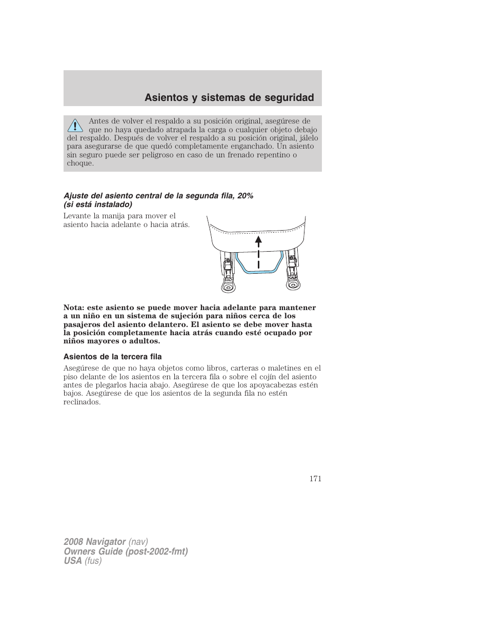 Asientos de la tercera fila, Asientos y sistemas de seguridad | Lincoln 2008 Navigator User Manual | Page 171 / 750