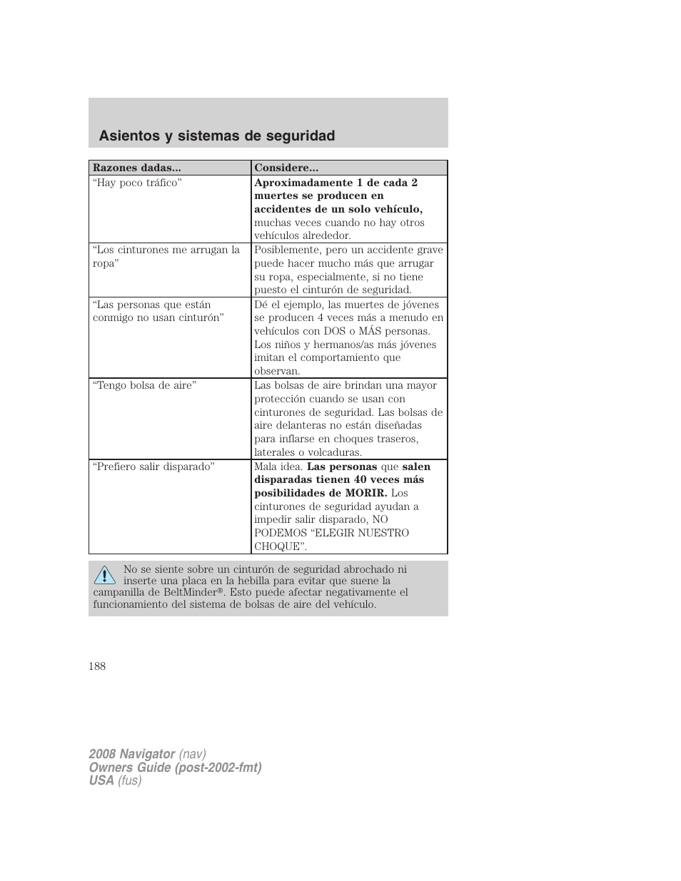 Asientos y sistemas de seguridad | Lincoln 2008 Navigator User Manual | Page 188 / 750