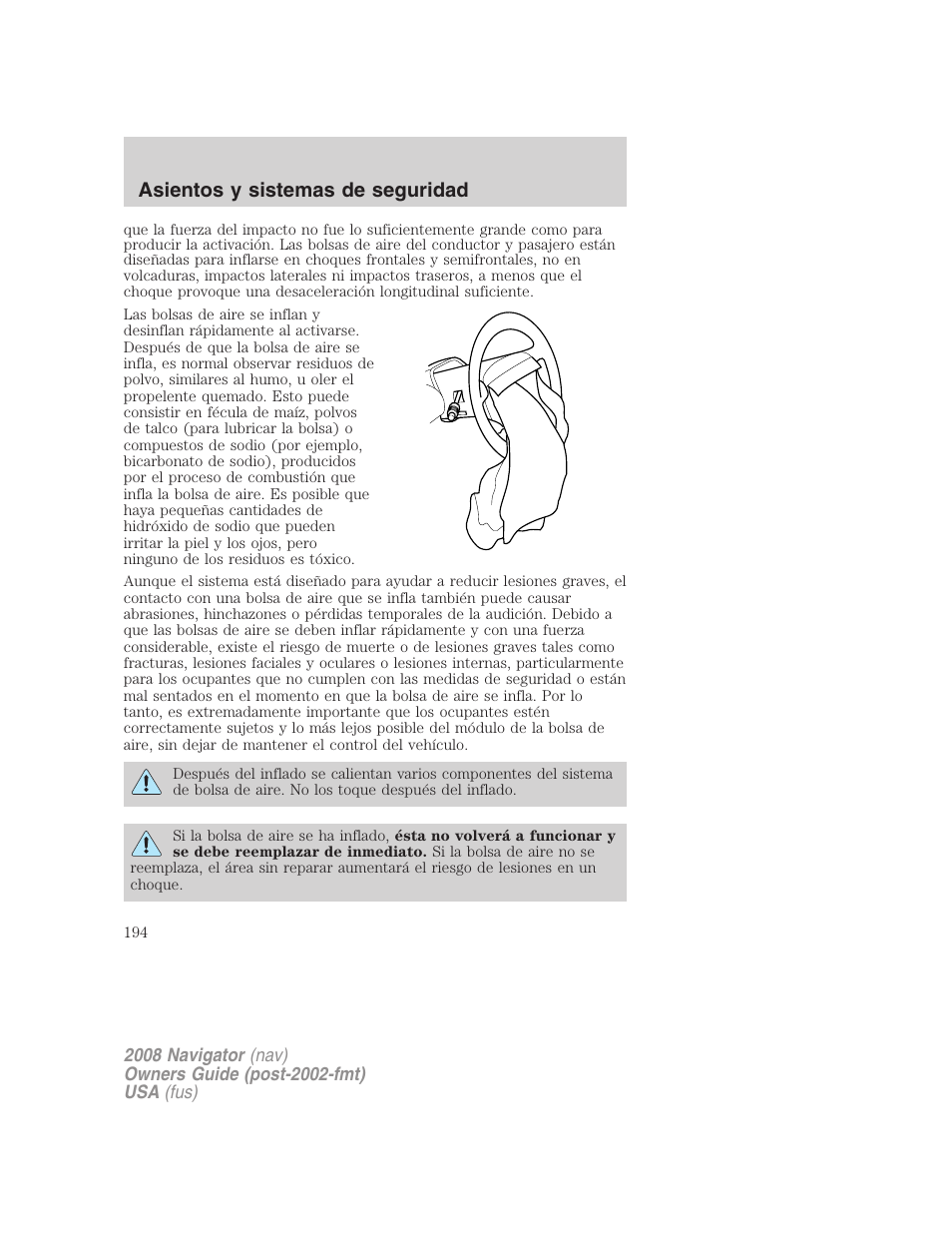 Asientos y sistemas de seguridad | Lincoln 2008 Navigator User Manual | Page 194 / 750