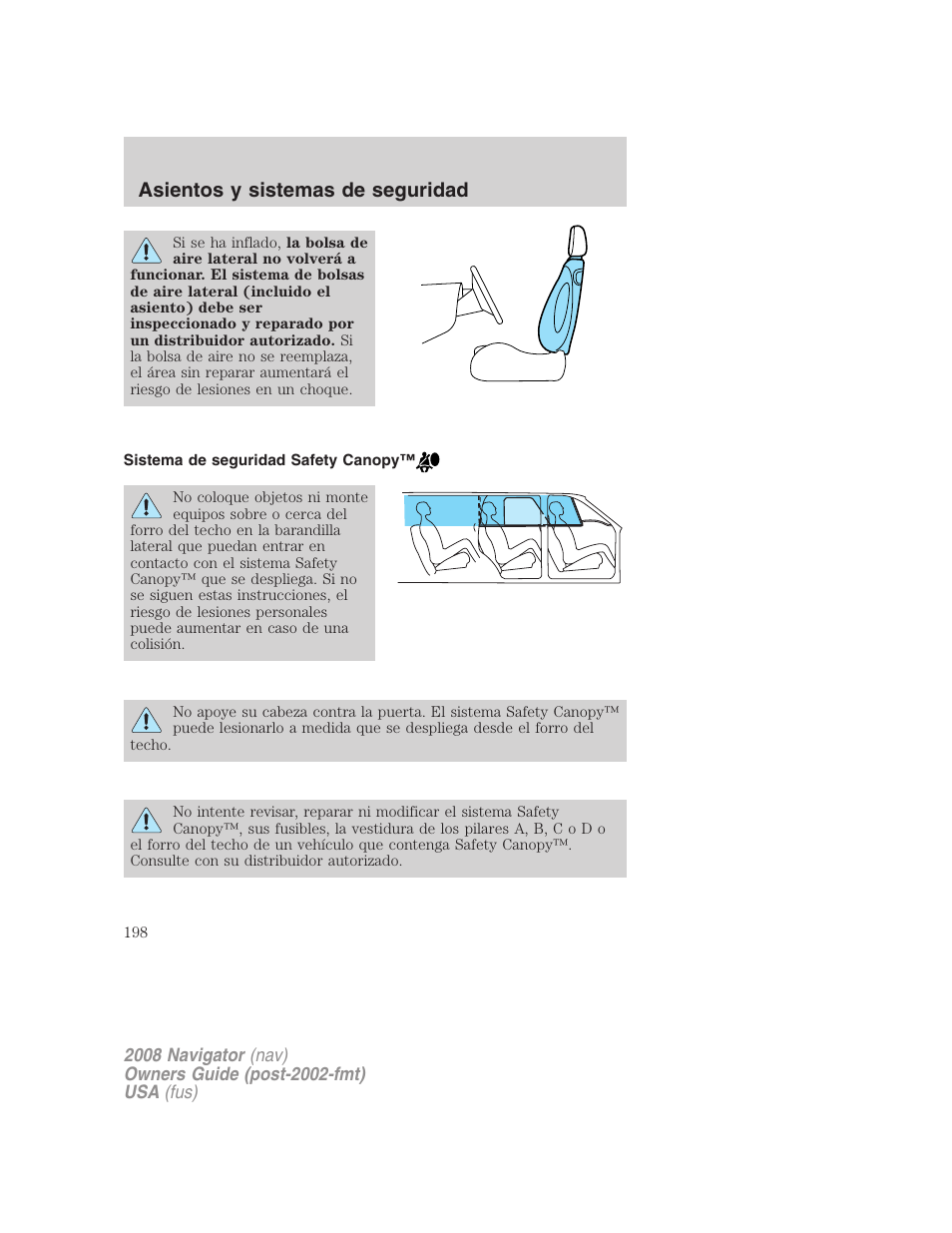 Sistema de seguridad safety canopy, Asientos y sistemas de seguridad | Lincoln 2008 Navigator User Manual | Page 198 / 750