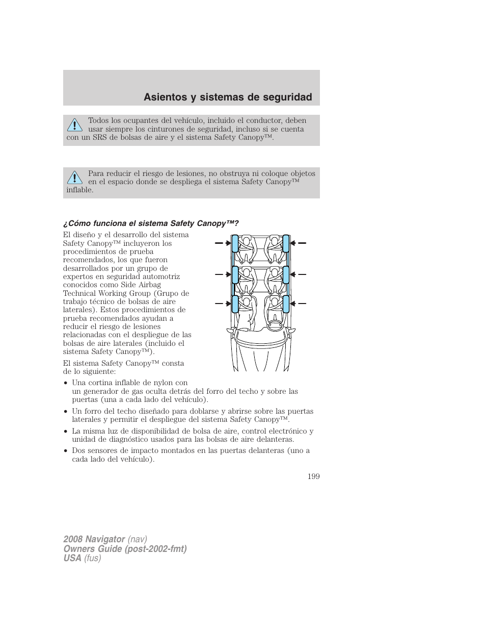 Cómo funciona el sistema safety canopy, Asientos y sistemas de seguridad | Lincoln 2008 Navigator User Manual | Page 199 / 750