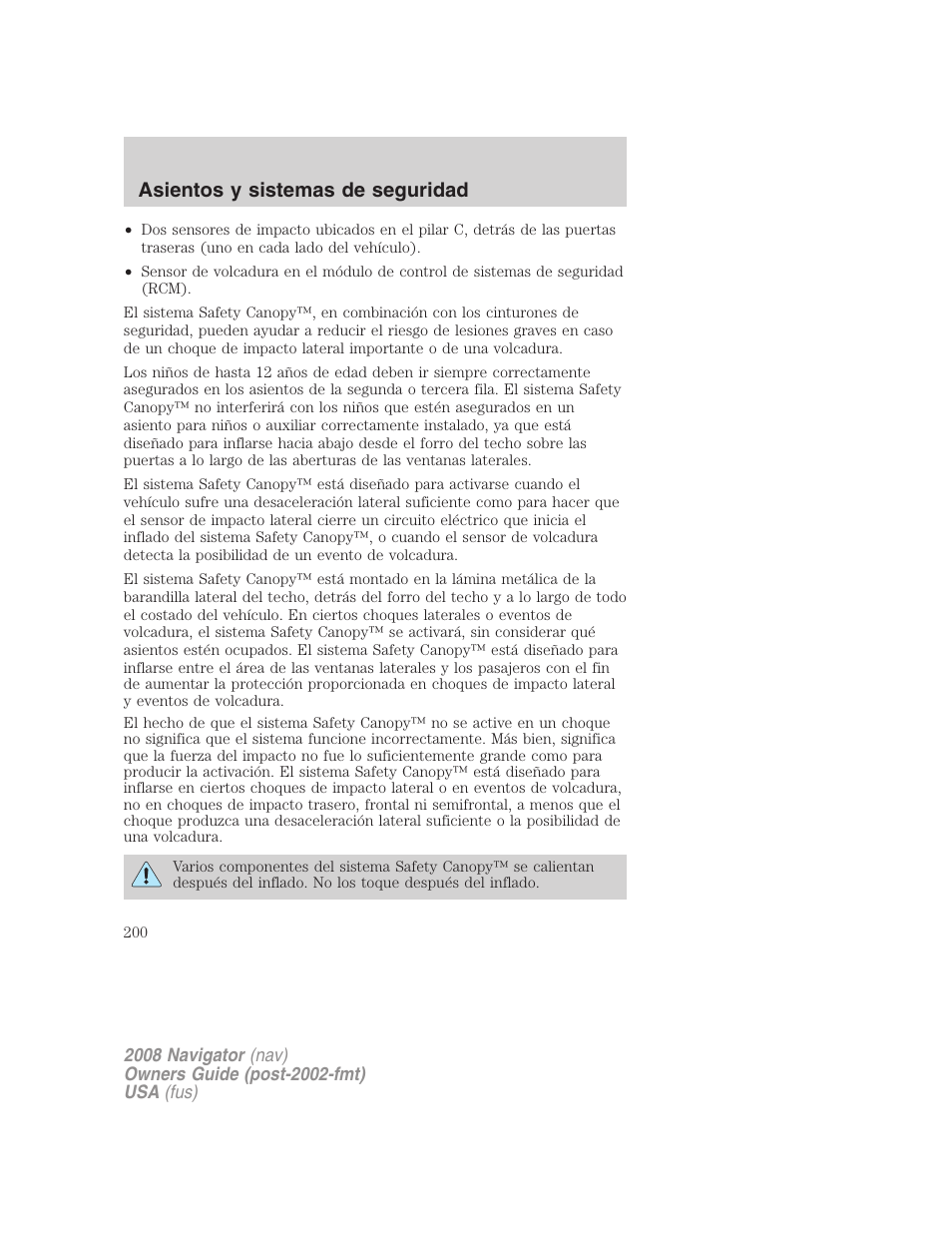 Asientos y sistemas de seguridad | Lincoln 2008 Navigator User Manual | Page 200 / 750