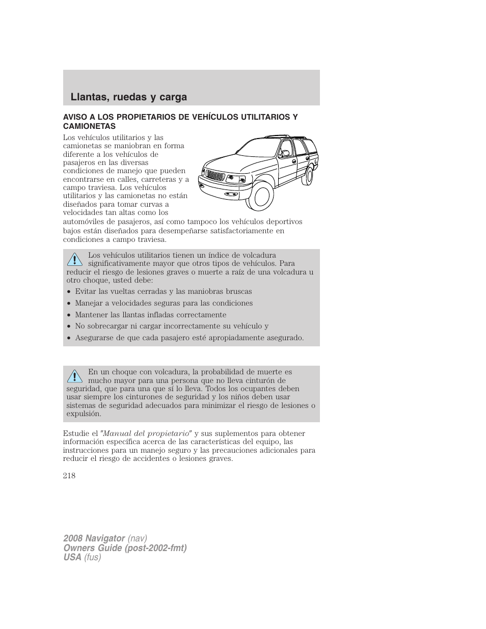 Llantas, ruedas y carga | Lincoln 2008 Navigator User Manual | Page 218 / 750