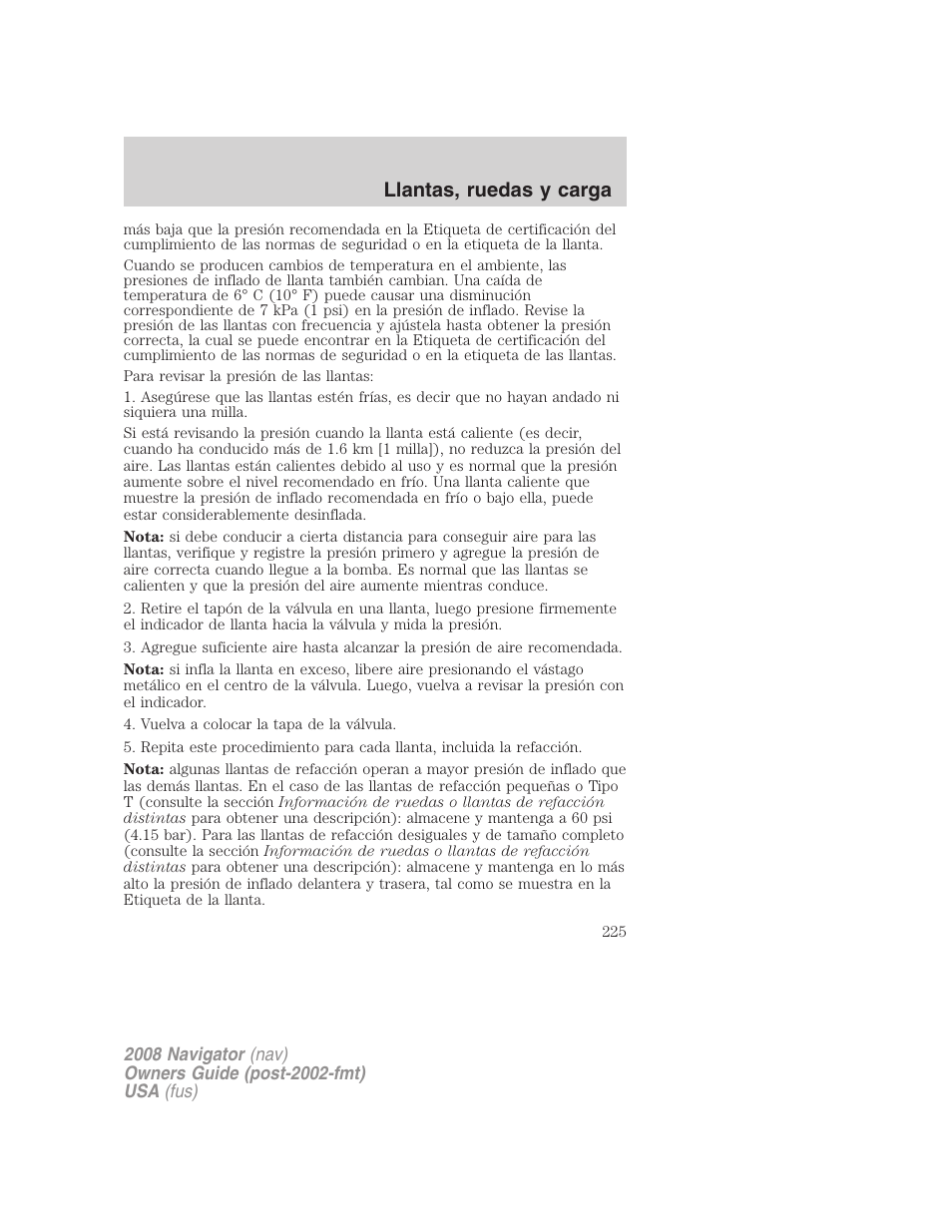 Llantas, ruedas y carga | Lincoln 2008 Navigator User Manual | Page 225 / 750