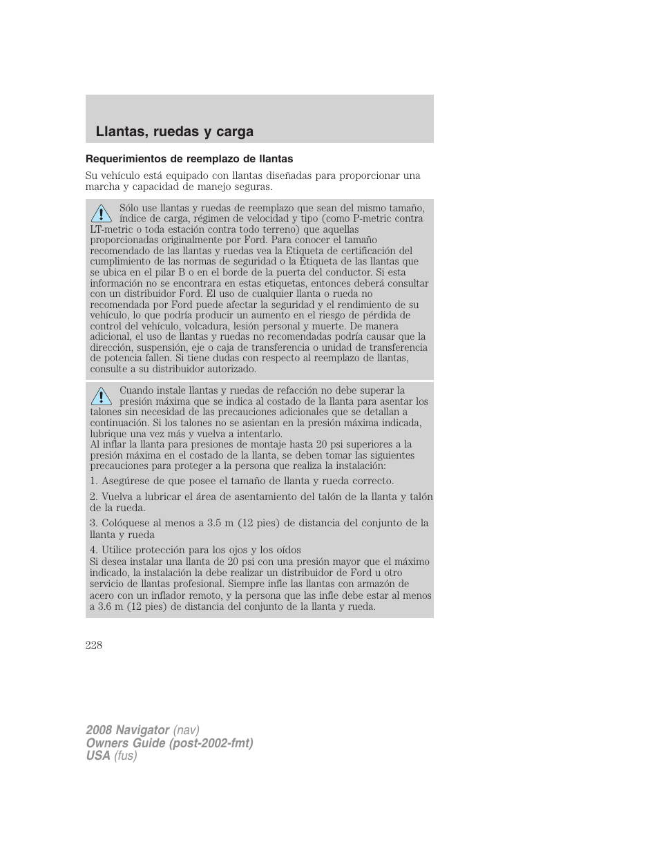 Requerimientos de reemplazo de llantas, Llantas, ruedas y carga | Lincoln 2008 Navigator User Manual | Page 228 / 750