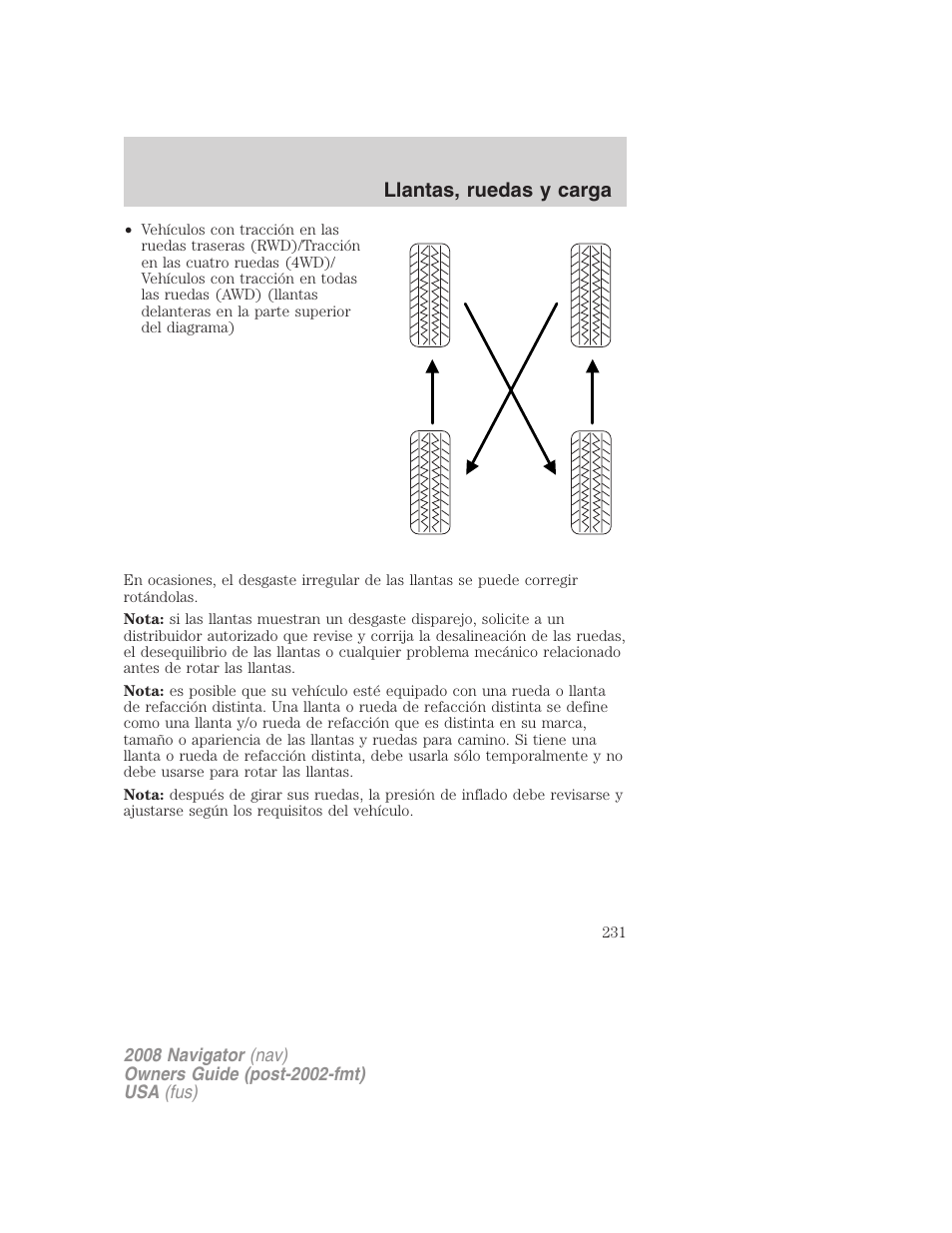 Llantas, ruedas y carga | Lincoln 2008 Navigator User Manual | Page 231 / 750