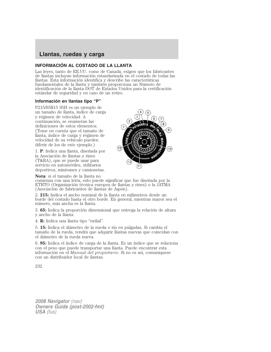Información al costado de la llanta, Información en llantas tipo “p, Llantas, ruedas y carga | Lincoln 2008 Navigator User Manual | Page 232 / 750