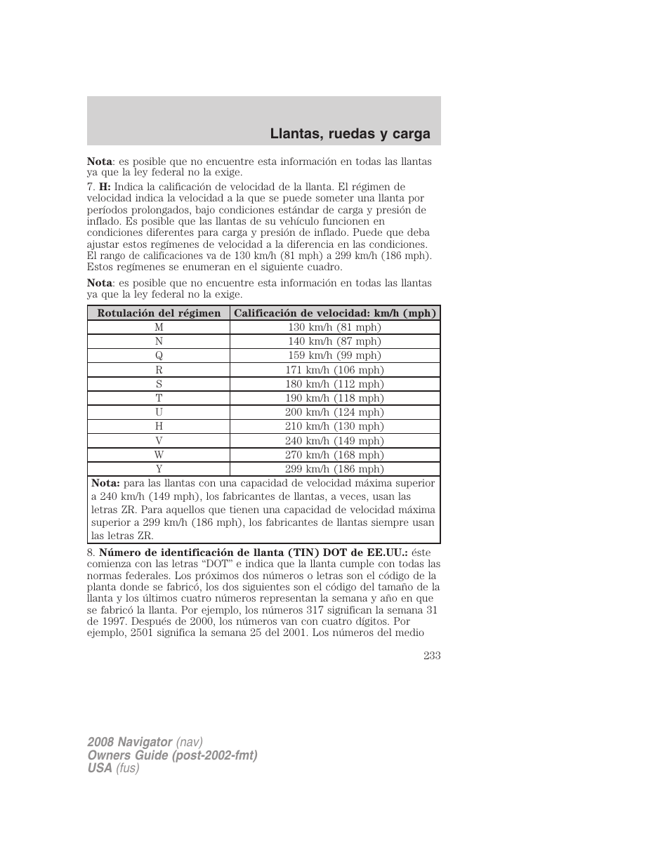 Llantas, ruedas y carga | Lincoln 2008 Navigator User Manual | Page 233 / 750